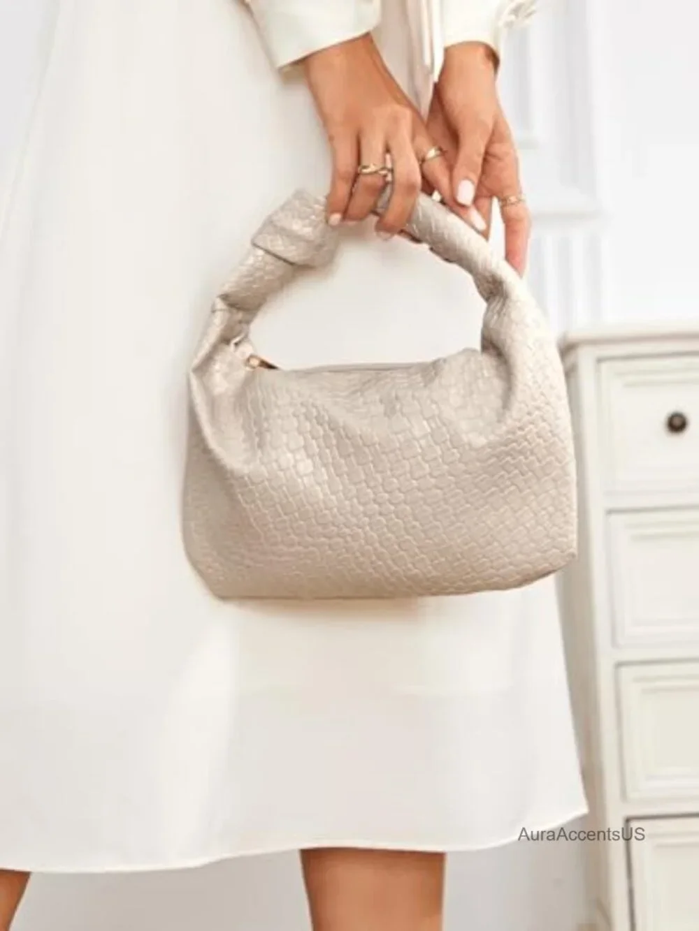 Woven Hobo Bag for Women Knot Strap Handbags Faux Leather Dumpling Clutch